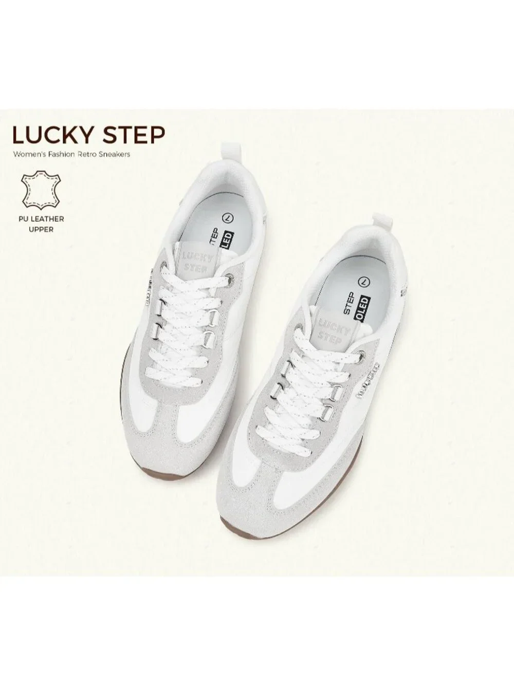 Women's White/Grey Faux Leather Retro Fashion Comfortable Lace Up Skate Sneakers